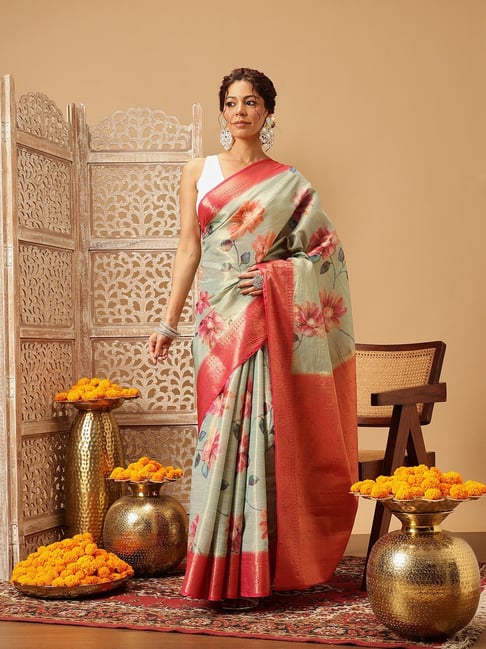 Silk Land Green Tissue Silk Floral Printed Saree with Blouse Piece-picture-27