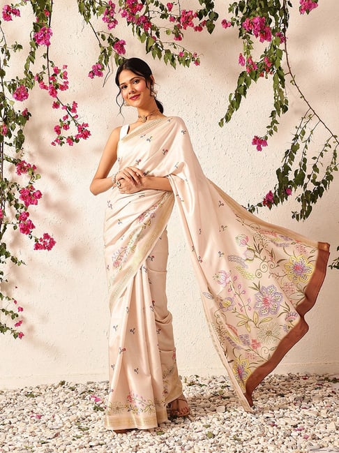 Silk Land Beige Art Silk Floral Printed Saree with Blouse Piece-picture-18