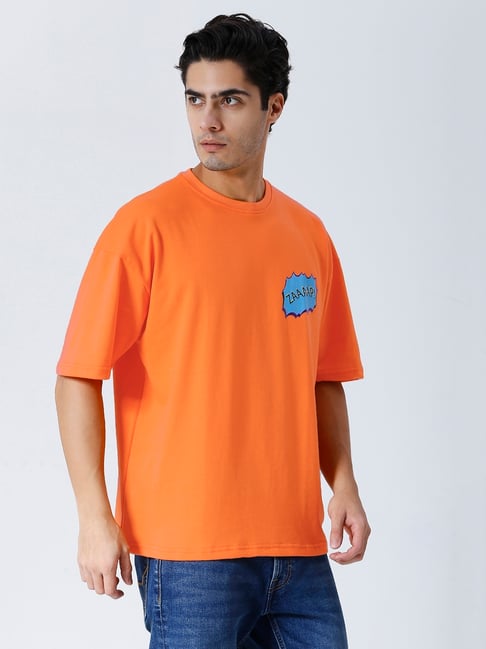 House Of RS Orange Oversized Fit Printed Oversized T-Shirt