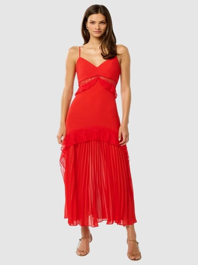 Forever New Chilli Red Lara Pleated Ruffle Regular Fit Midi Dress
