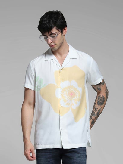 Jack & Jones White Cotton Comfort Fit Floral Print Shirt