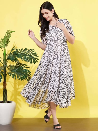 Buy Animal Printed White V Neck Chiffon Fit and Flare Midi Dress