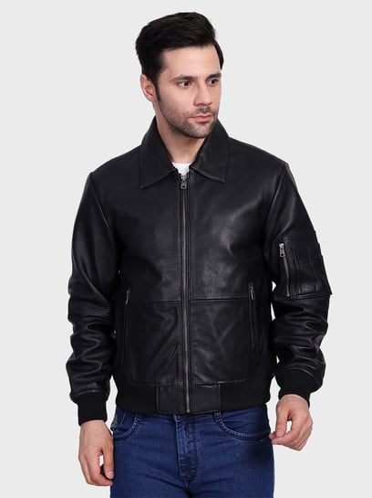 Justanned Black Solid Leather Jacket
