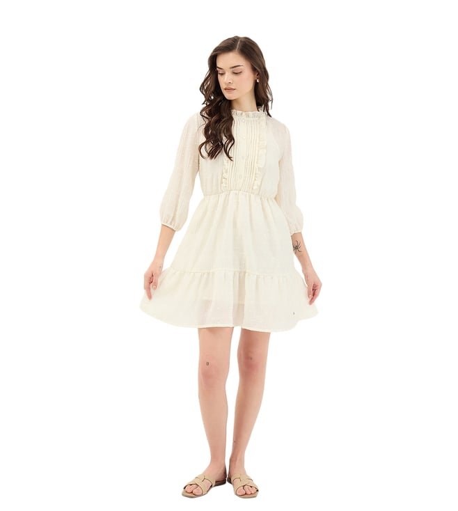 Elle White Polyester Textured Dress