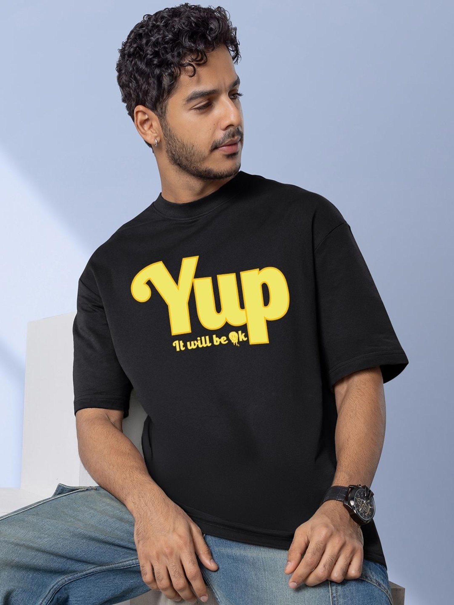 Bewakoof Men's Black Yup It Will Be Ok Typography Oversized T-Shirt