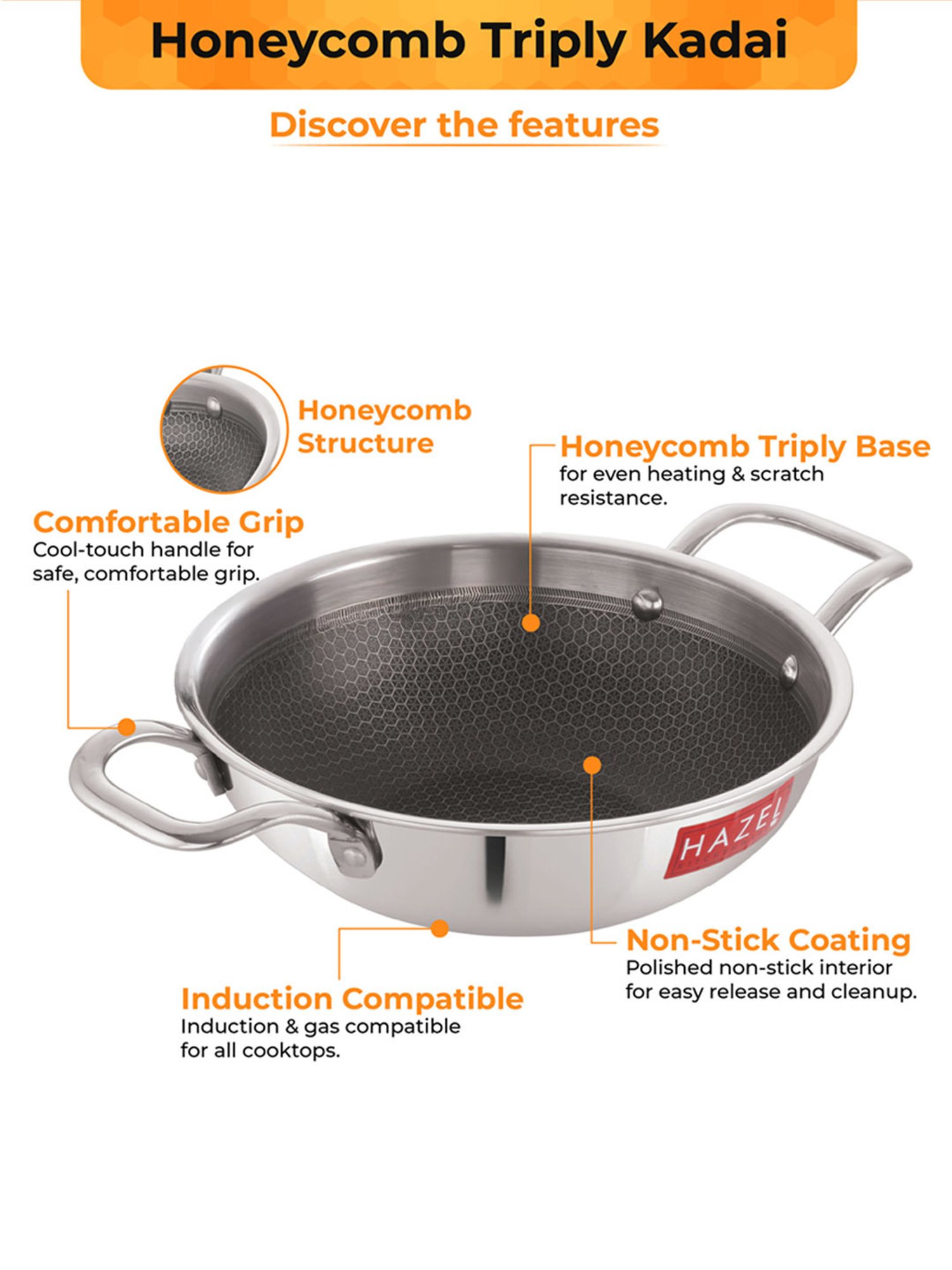 Buy HAZEL Silver Stainless Steel Kadhai with Glass Lid 24 cm (2.5