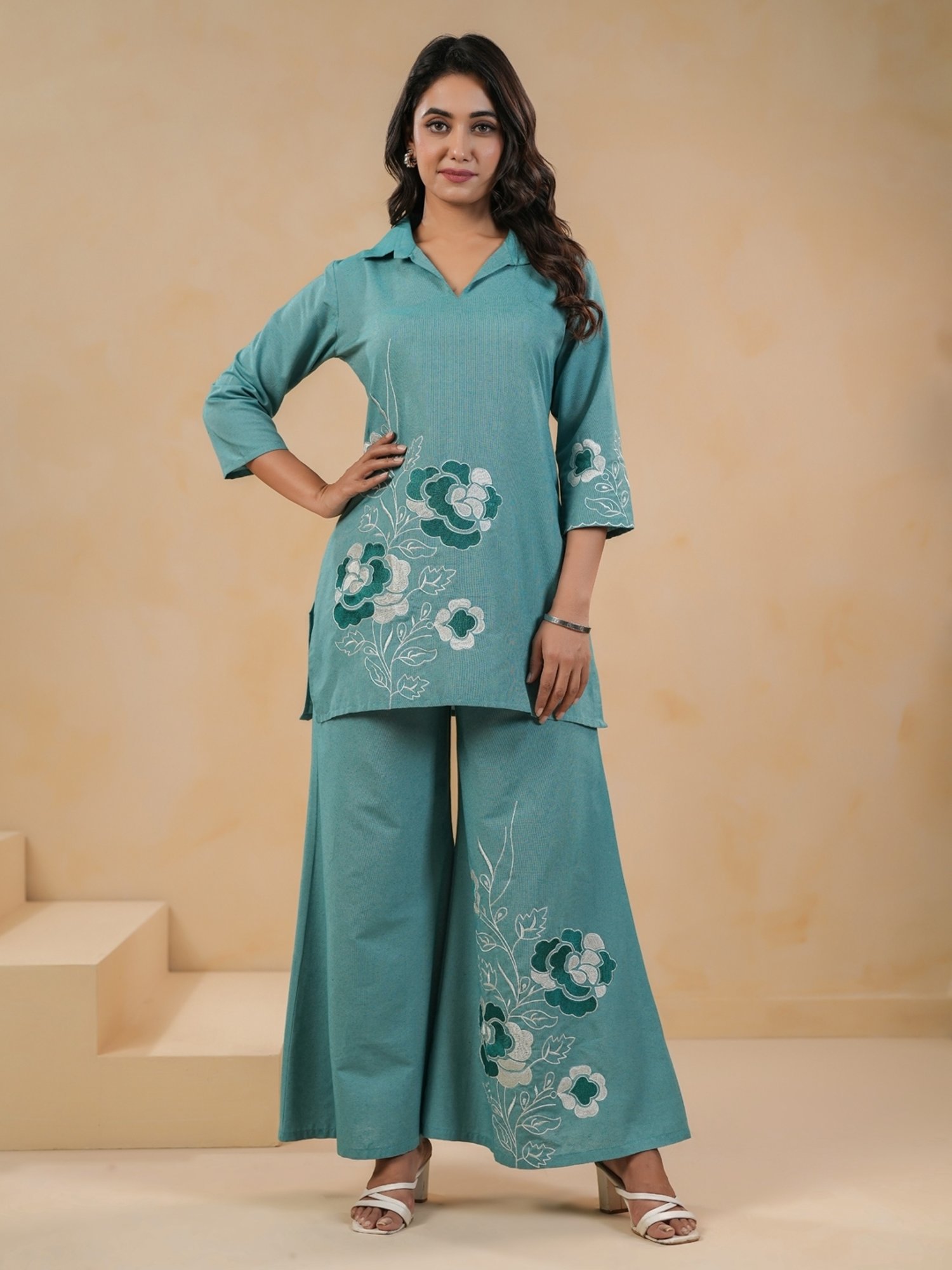 Span Green Cotton Plain Suit Set