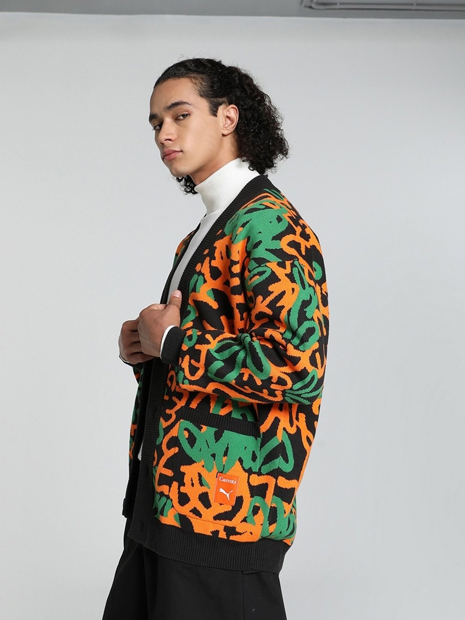Puma X Carrots Black Cotton Relaxed Fit Printed Cardigan