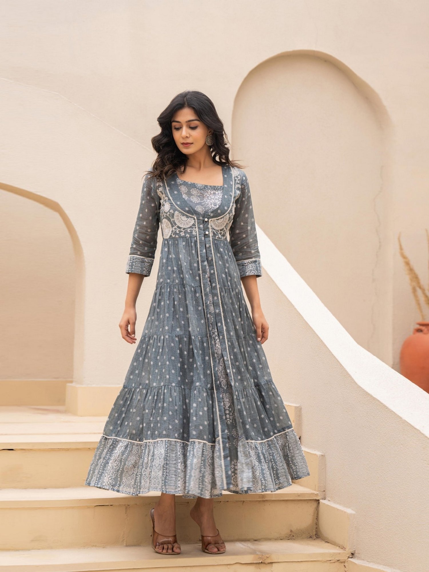 Juniper Grey Cotton Embroidered Maxi Dress With Shrug