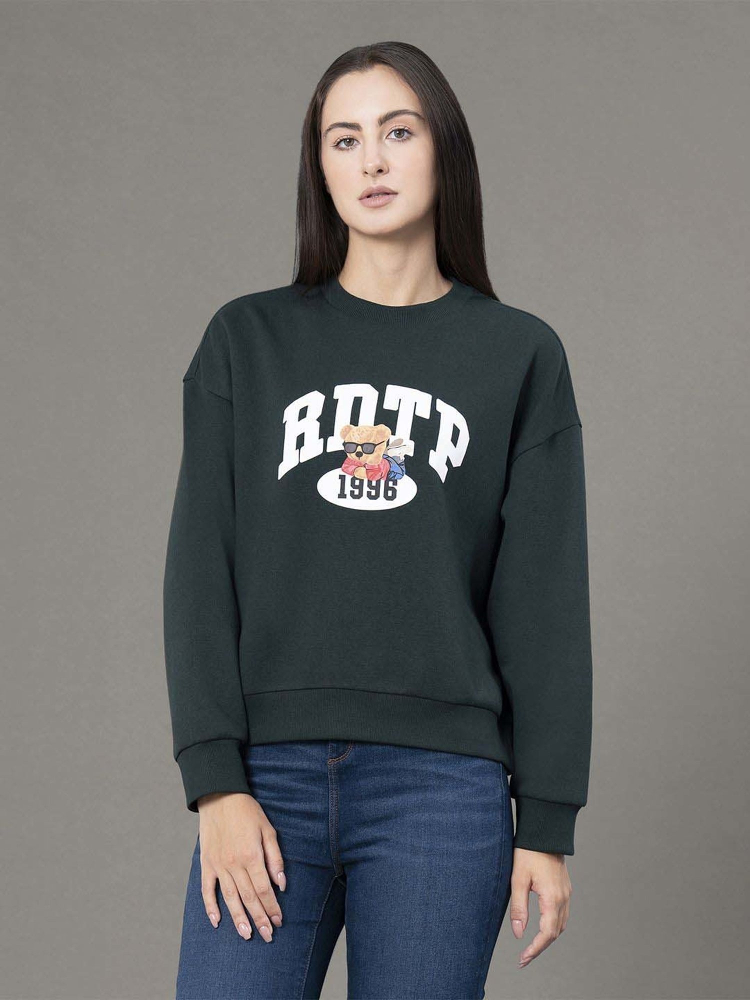 Red Tape Pine Green Loose Fit Printed Sweatshirt