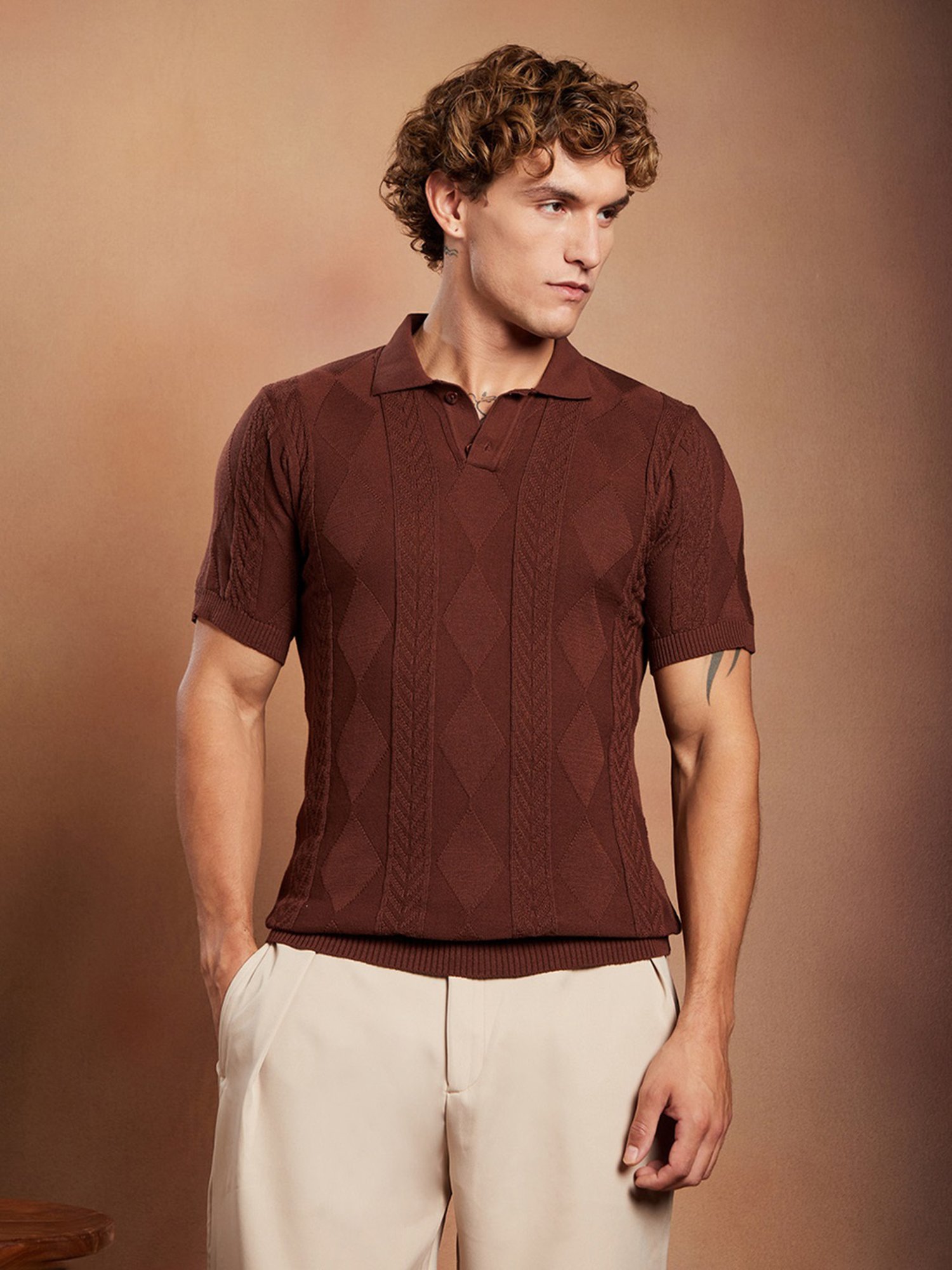 Campus Sutra Chocolate Brown Argyle-Tactile Polo T-Shirt