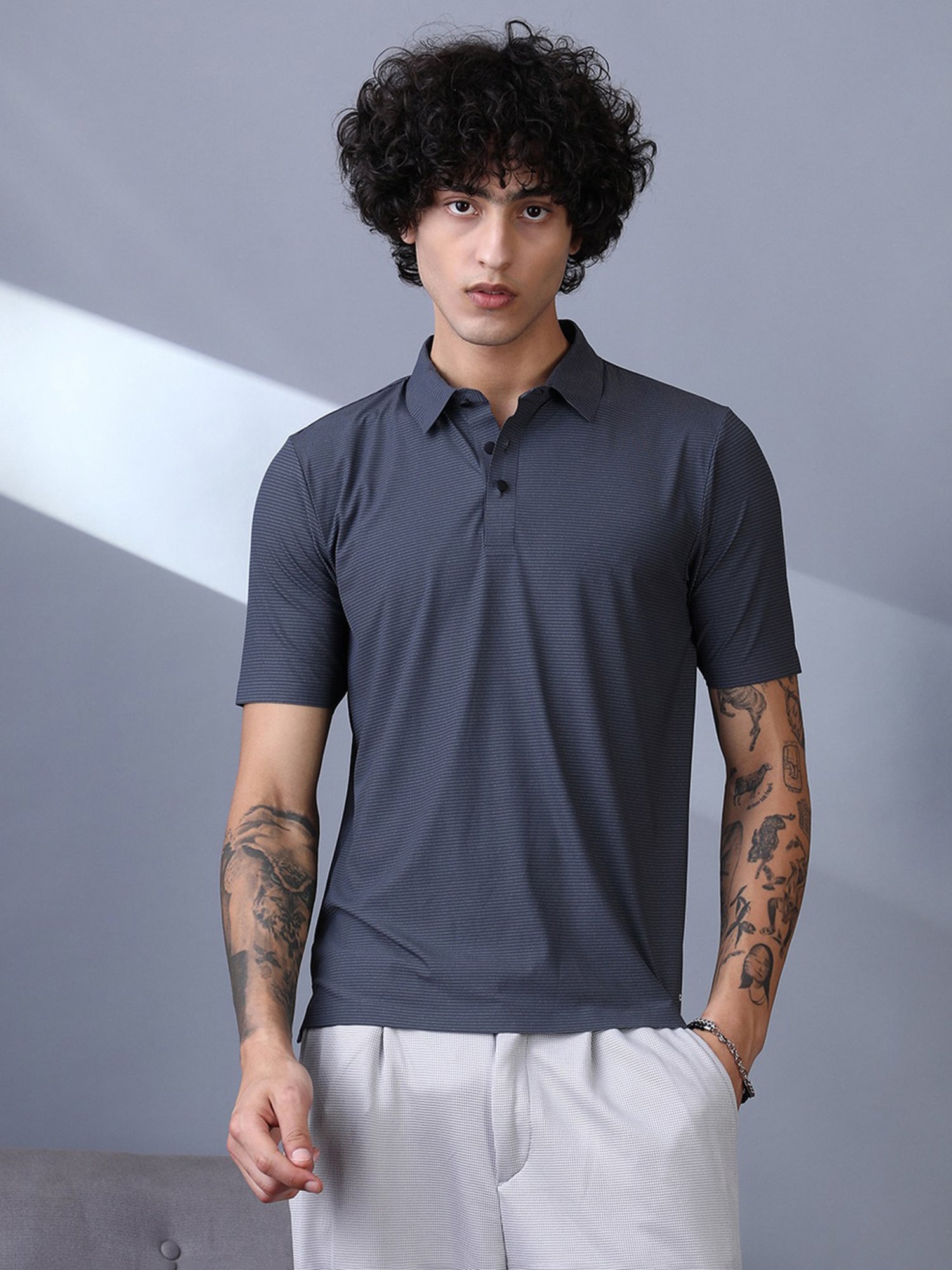 Campus Sutra Charcoal Grey Seamless Striped Polo T-Shirt