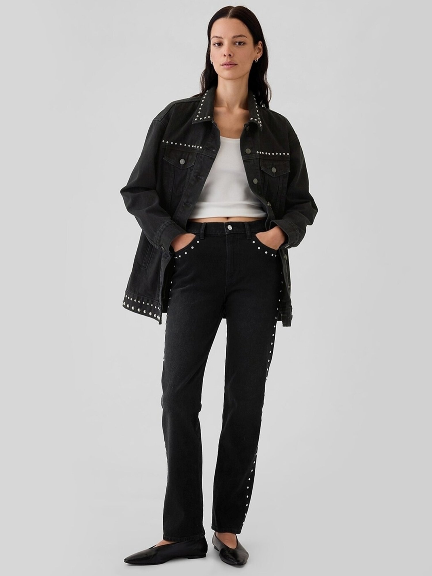 Gap Black Cotton Embellished Long Sleeves Relaxed Fit Oversized
