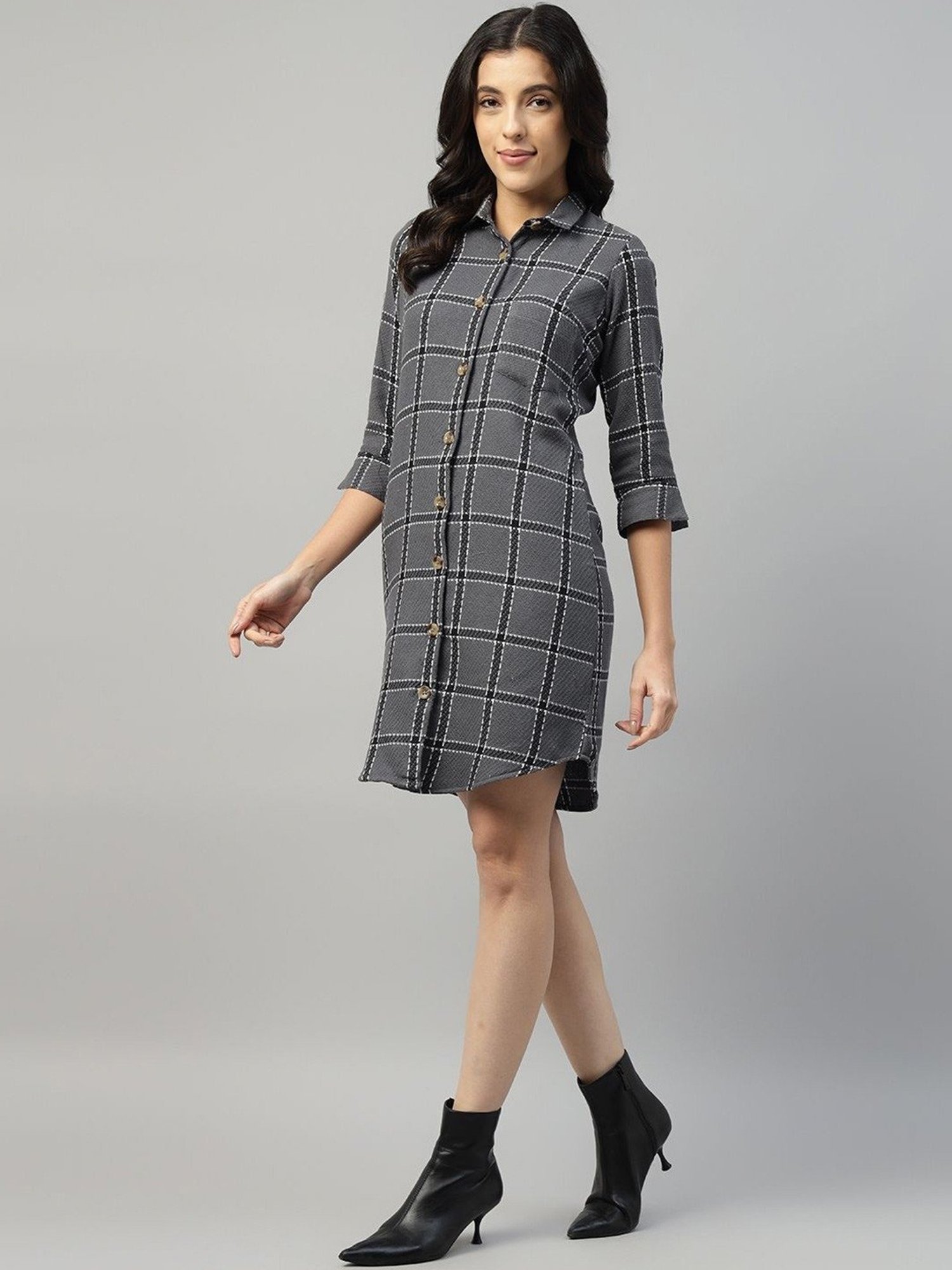 English Navy Grey Cotton Checked Shirt Dress