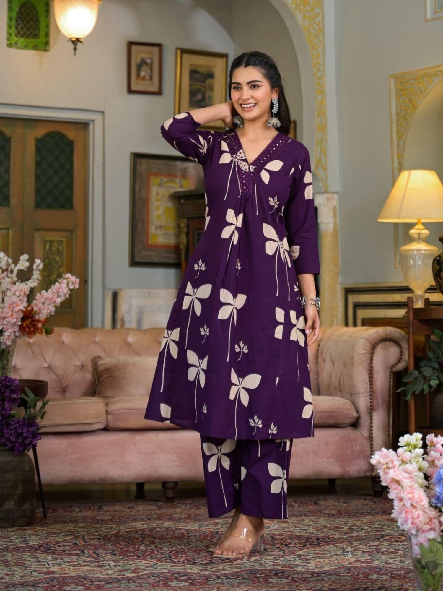 BERRYLICIOUS Purple Cotton Printed Kurti Palazzos Set