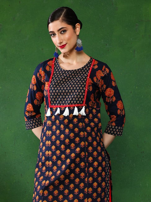 Jaipur Kurti Navy Cotton Floral Straight Kurta-picture-36