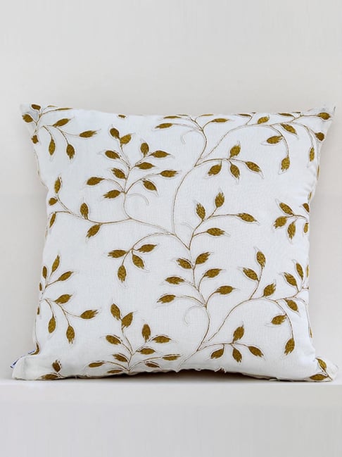 Whispering Homes Yellow Leaf Designer Titanium Embroidered Cushion Cover-image-46