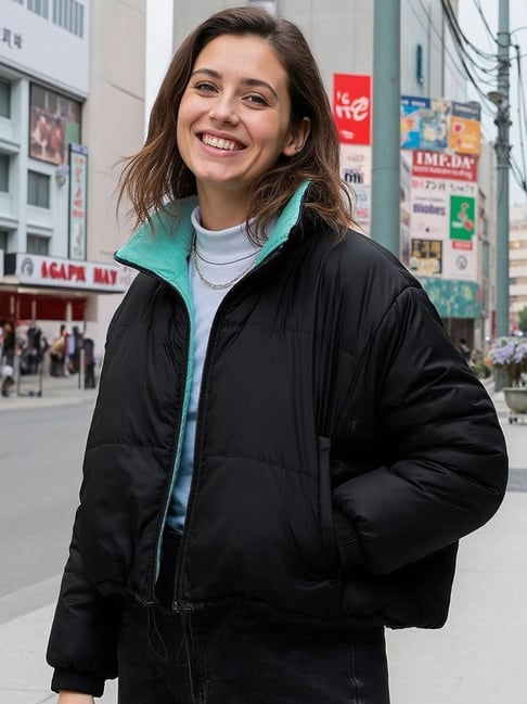 Bewakoof Women's Black & Sage Reversible Super Loose Fit Puffer Jacket-picture-13