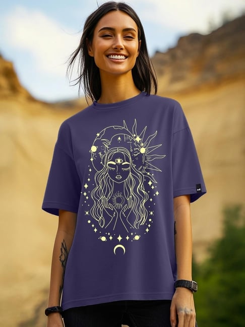 Bewakoof Women's Blue Stardust Soul Graphic Printed Oversized T-Shirt-picture-12