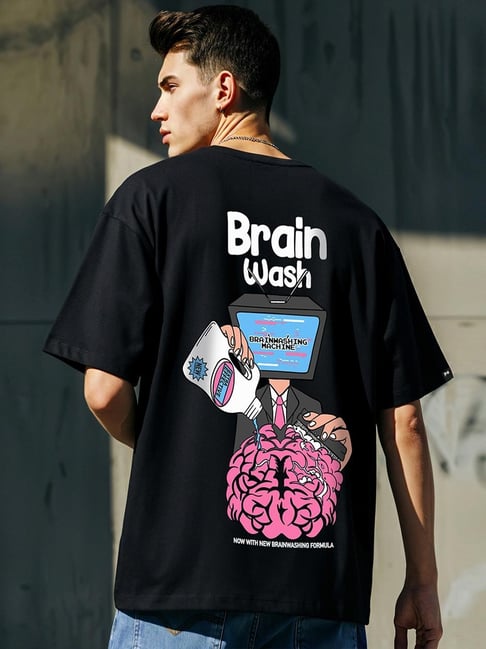 Bewakoof Men's Black Brain Wash Graphic Printed Oversized T-Shirt
