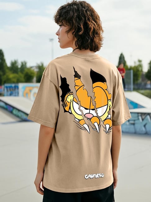 Bewakoof Women's Brown Smiling Cat Graphic Printed Oversized T