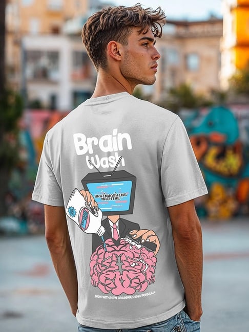 Bewakoof Men's Grey Brain Wash Graphic Printed T-Shirt