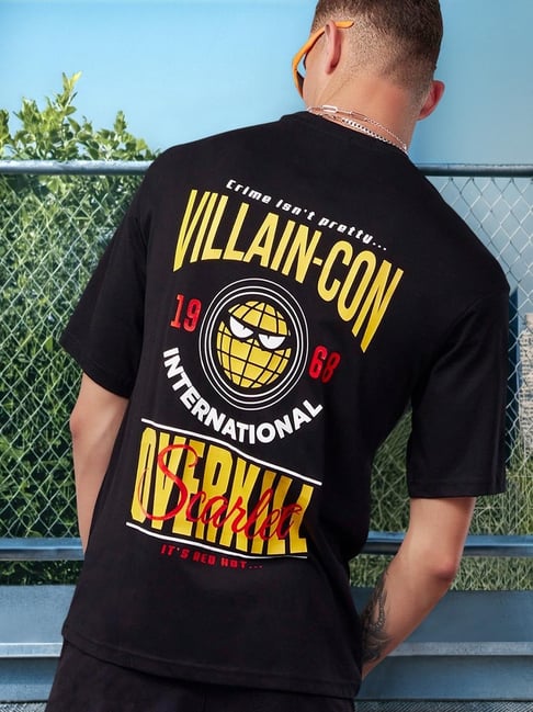 Bewakoof Official Minions Men's Black Villan-Con Typography Oversized  T-shirt