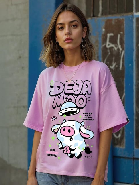Buy Bewakoof Purple Deja Moo Graphic Print Oversized T-Shirt for - Main Image