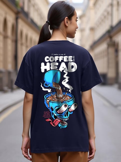 Bewakoof Women's Blue Coffee Head Graphic Printed Boyfriend T-Shirt