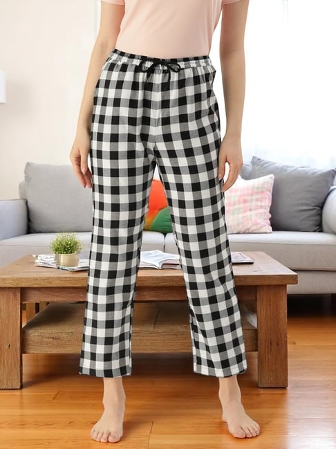 Kryptic Black White Cotton Chequered Lounge Pants