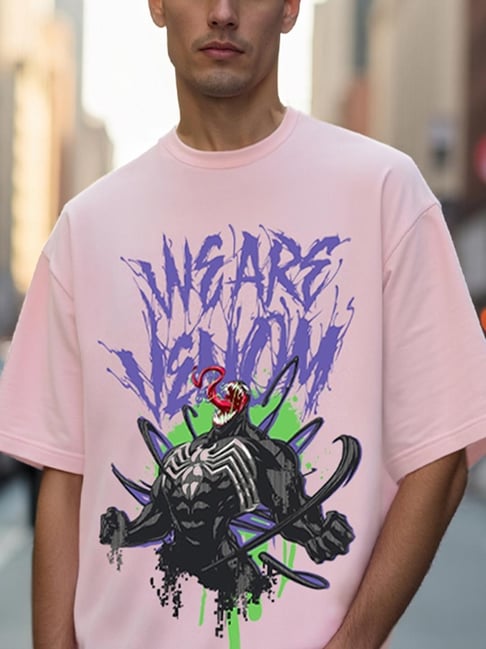 Bewakoof Men's Pink We Are Venom Graphic Printed Oversized T-Shirt