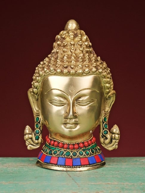 Ekaa Handicrafts 5.5" Brass Lord Buddha Head with Stonework-picture-11