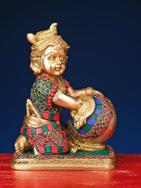 Ekaa Handicrafts Bal Krishna Statue in Brass with Stonework-picture-33