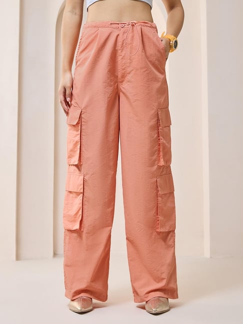 Bewakoof Women's Orange Baggy Oversized Cargo Parachute Pant