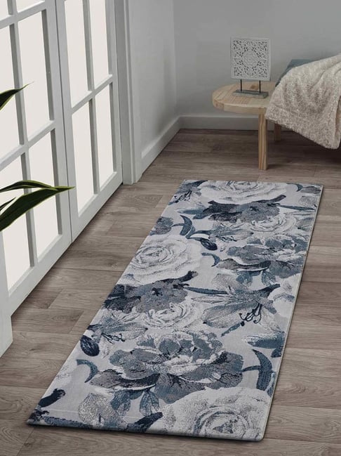 Obsessions Blue & Light Grey Polypropylene Floral Bedside Runner-picture-33