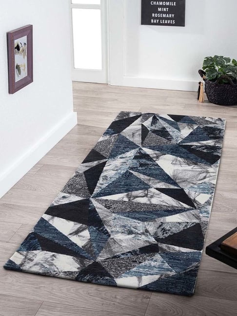 Obsessions Blue & Cream Polypropylene Geometric Bedside Runner-picture-24