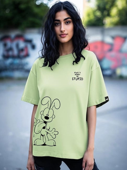 Bewakoof Women's Green Be Stupid Odie Graphic Printed Oversized T