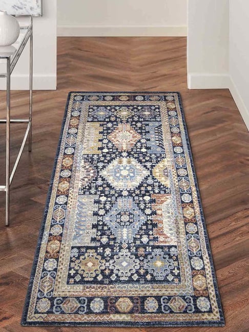 Obsessions Sky Blue Polyester Bukhara Persian Bedside Runner