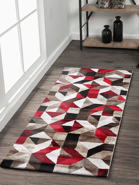 Obsessions Red & Brown Polypropylene Geometric Bedside Runner-picture-16