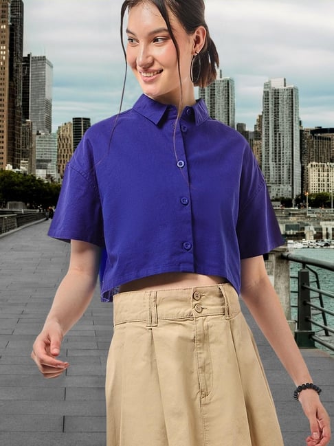 Bewakoof Blue Plain Cotton Crop Shirt-picture-10