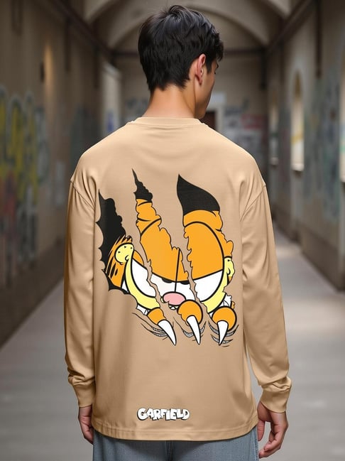 Bewakoof Men's Brown Smiling Cat Graphic Printed Oversized T-Shirt