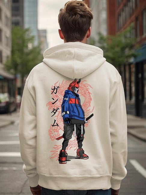 Bewakoof Men's Gardenia Cyber Samurai Graphic Printed Oversized Hoodie-picture-11