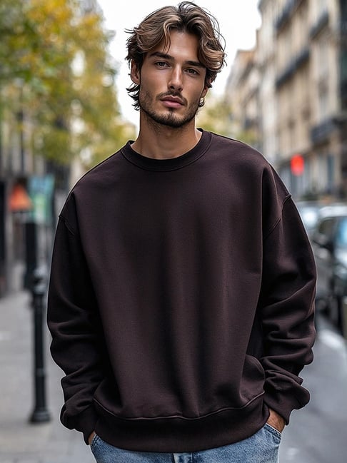 Bewakoof Brown Relaxed Fit Solid Oversized Sweatshirt-picture-13
