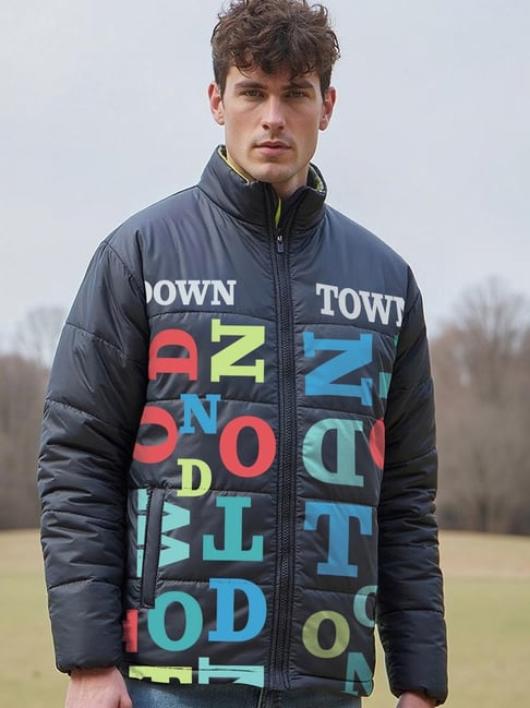 Bewakoof Men's Black Blue Bate Typography Oversized Puffer Jacket