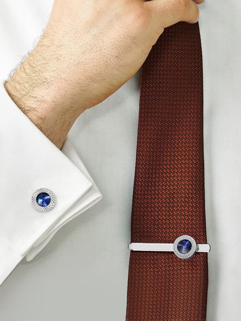 Peora Silver Plated 316L Stainless Steel Blue Stone Classic Cufflinks Tie  Pin Set for Men