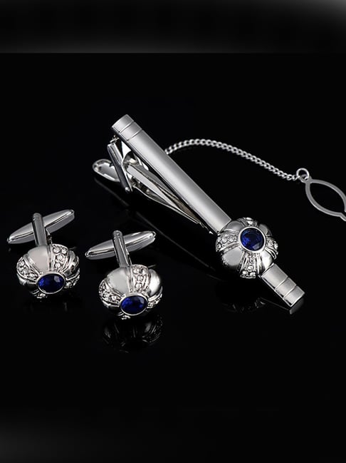 Buy Peora Silver Plated Classic Blue Stone Cufflinks/ Tie Pin