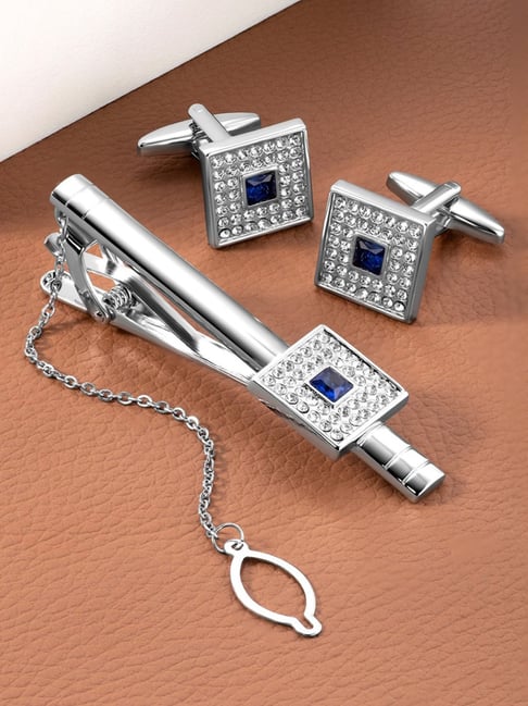 Peora Silver Plated Blue Stone Studded Classic Tie Pin Cufflinks Set for  Men