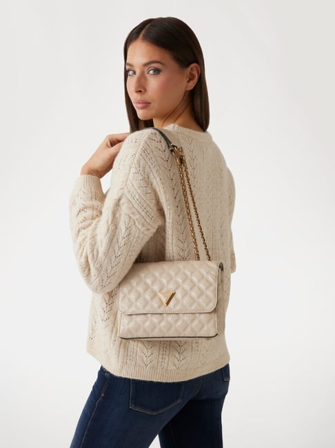 Guess Women Beige Self-Design Crossbody Bag