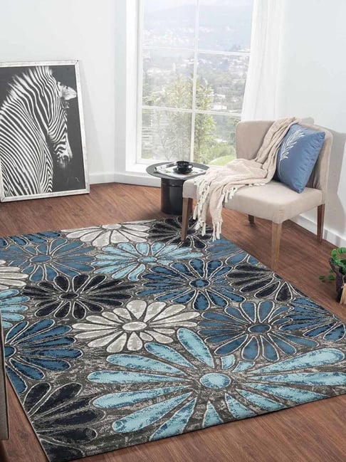 Obsessions Blue & Grey Polypropylene Floral Carpet - Medium-picture-25