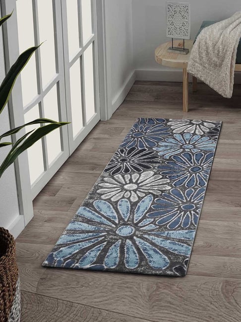 Obsessions Blue & Grey Polypropylene Floral Runner - Small-picture-26